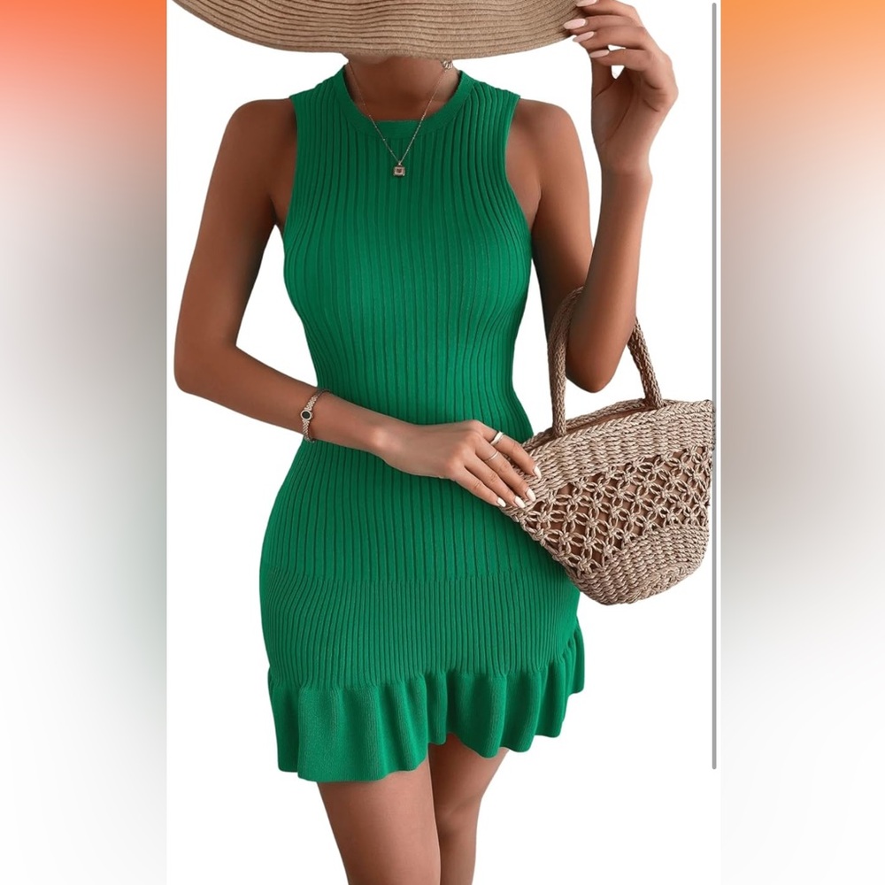 NWOT Women’s sleeveless knit ruffle hem dress in Kelly/emerald green, size large - Picture 6 of 11